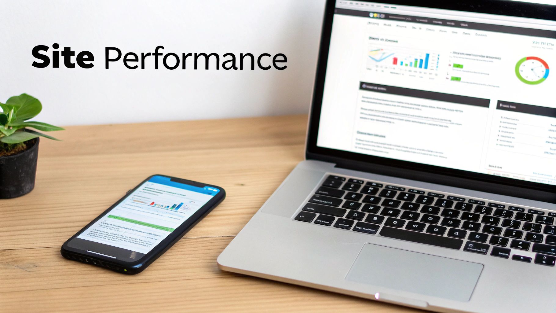 A laptop and smartphone display site performance analytics with charts and data on a wooden desk next to a plant.