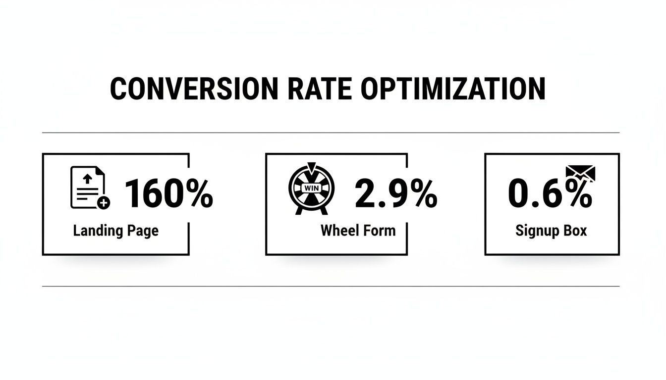 Conversion rate optimization graphic showing improvements for landing pages, wheel forms, and signup boxes with percentages.