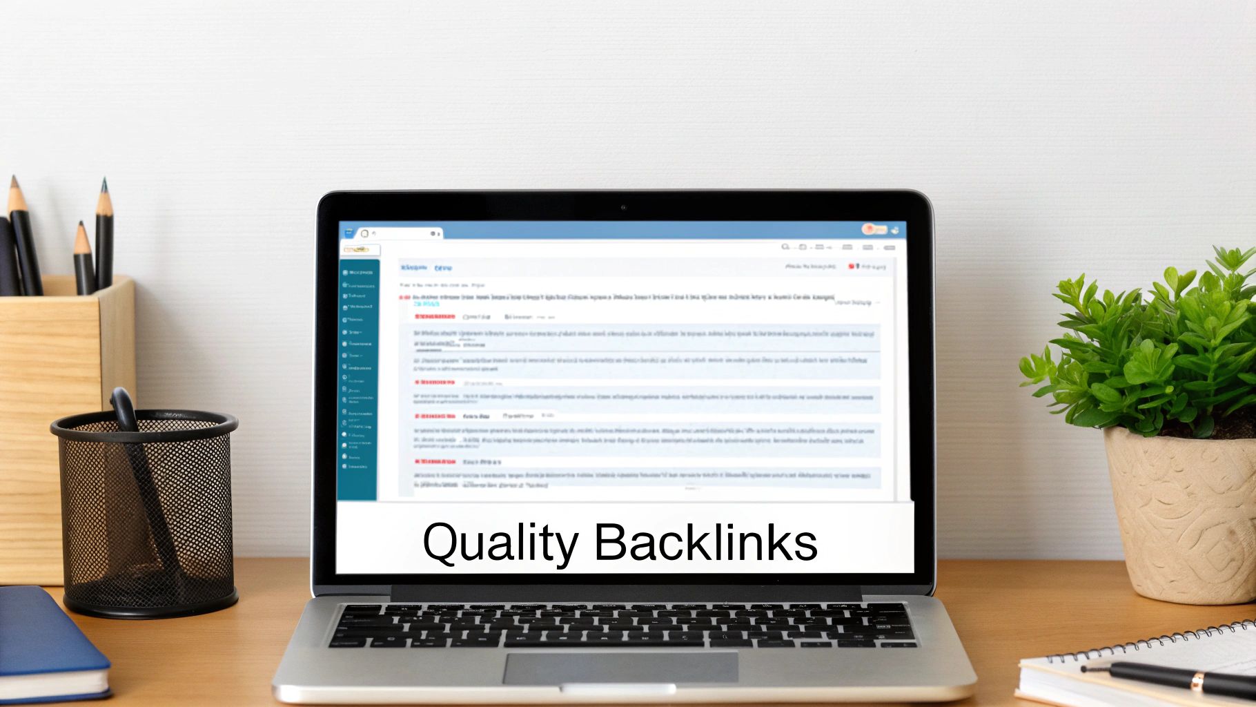 Laptop on a wooden desk displaying 'Quality Backlinks' text, surrounded by office supplies and a plant.