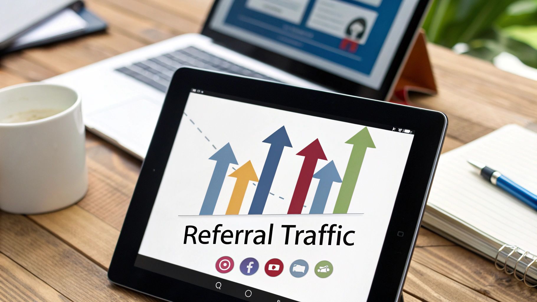 A tablet displays a 'Referral Traffic' graph with upward arrows and social media icons on a wooden desk.