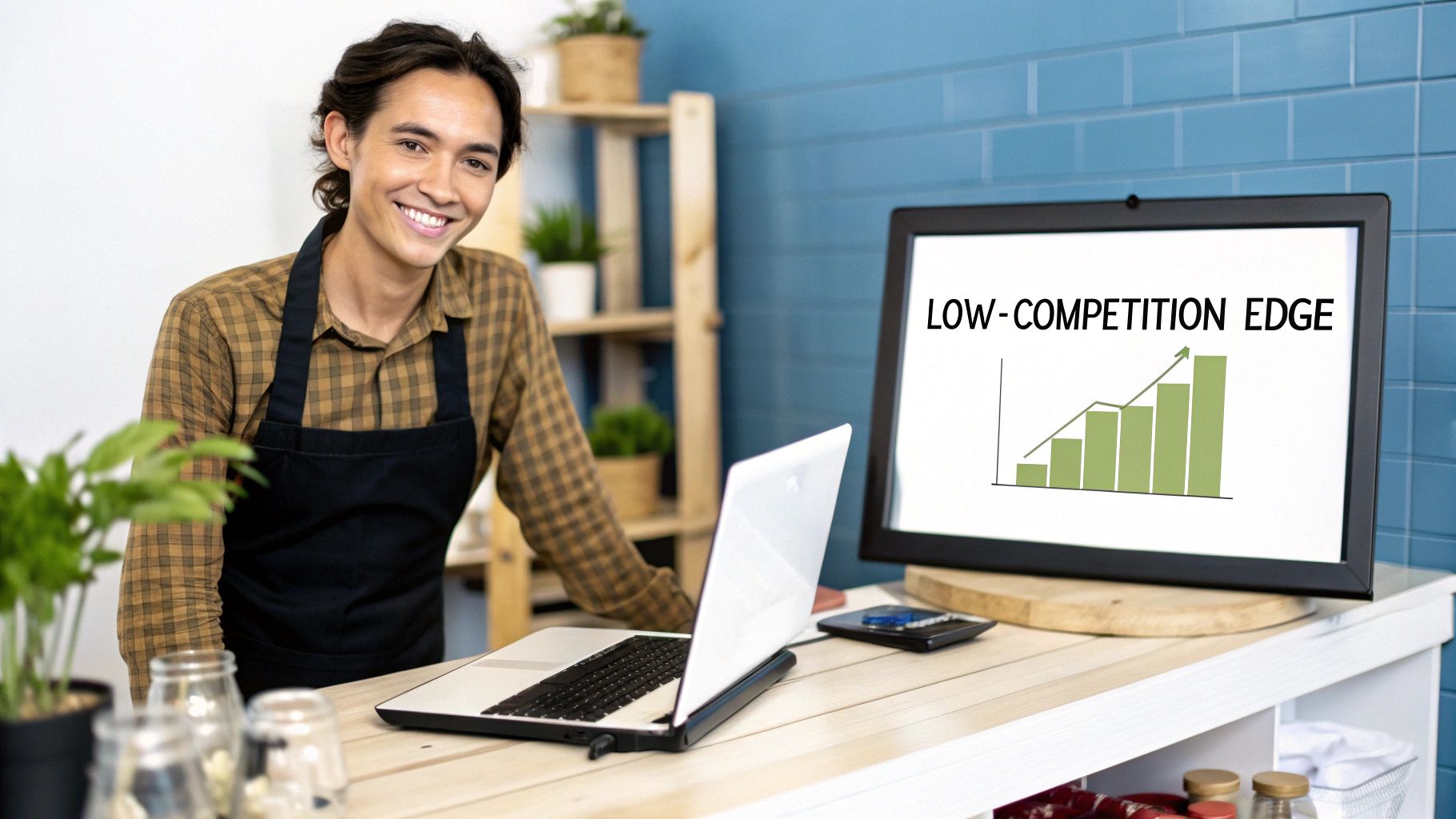 Smiling entrepreneur stands by laptop with monitor displaying 'LOW-COMPETITION EDGE' and a growing bar graph.