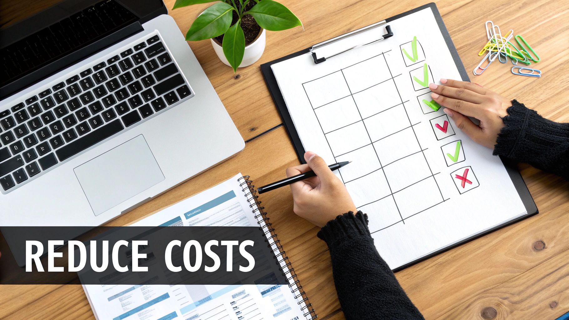 A person's hands checking a task list on a clipboard, emphasizing cost reduction strategies.