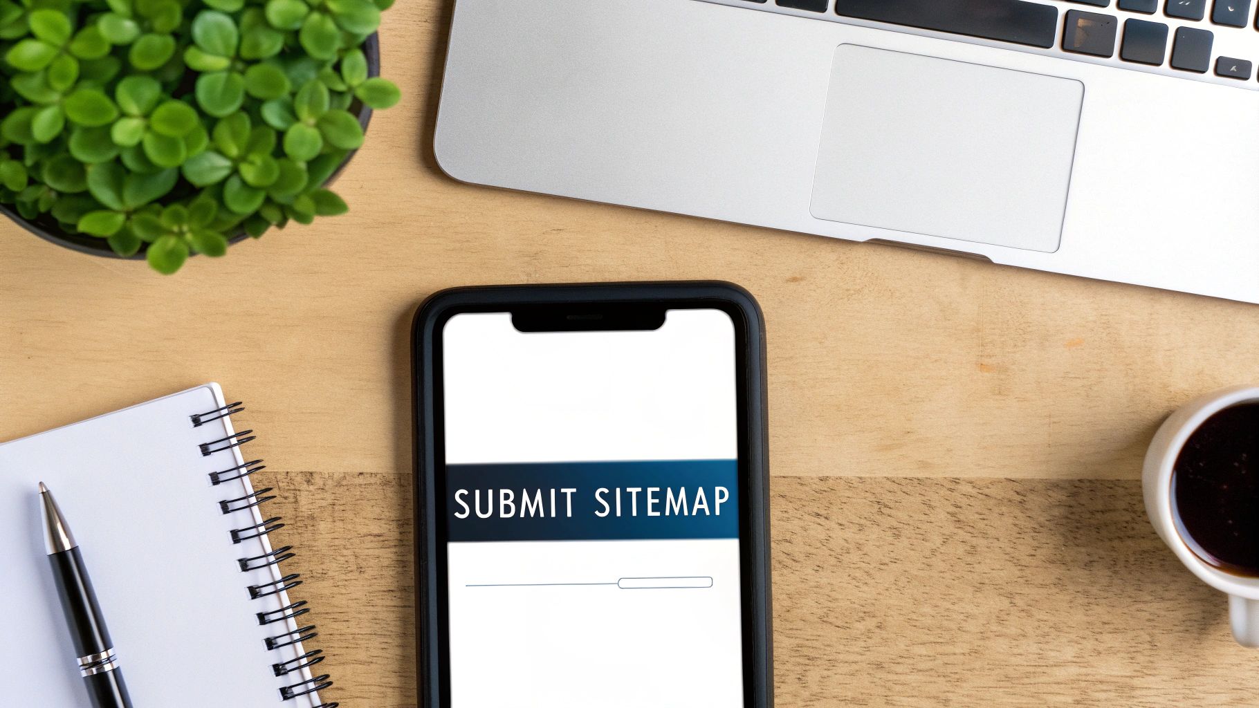 Overhead view of a workspace with a phone displaying "SUBMIT SITEMAP" for website indexing.
