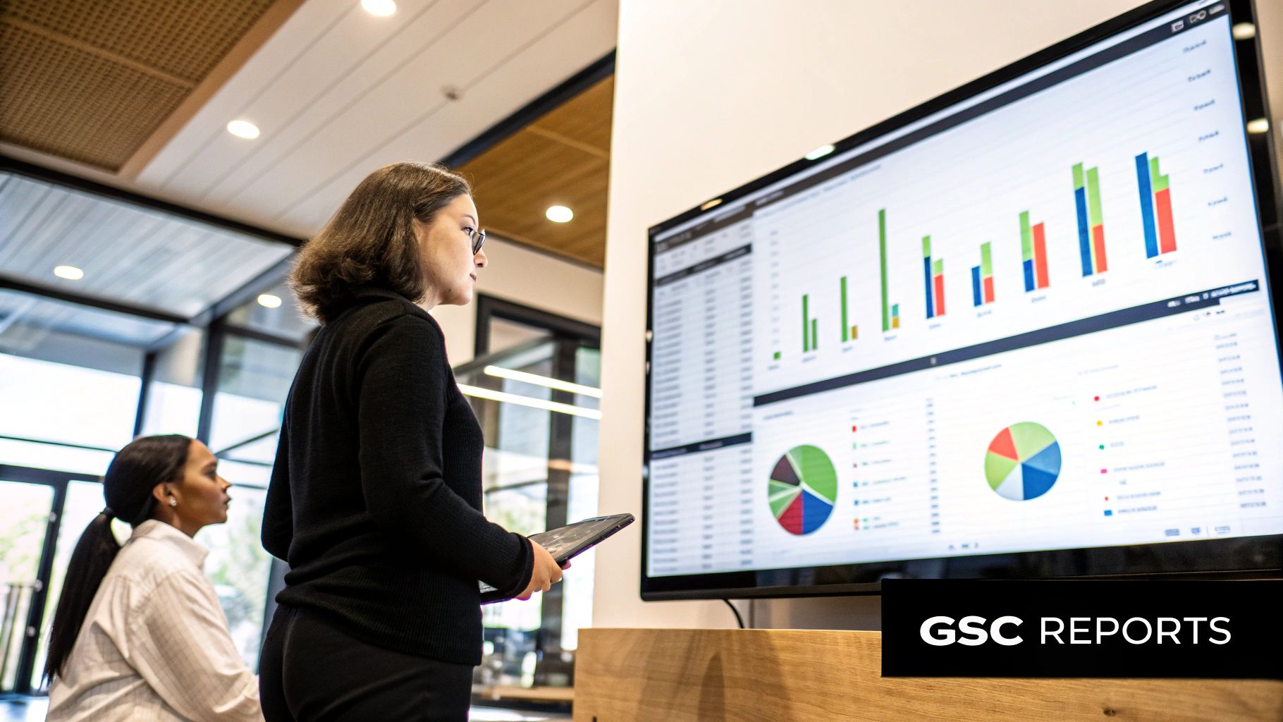 A digital dashboard showing key Google Search Console reports on a laptop screen.