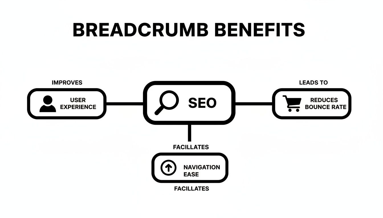 Flowchart illustrating breadcrumb benefits, linking SEO to improved user experience, reduced bounce rate, and easier navigation.