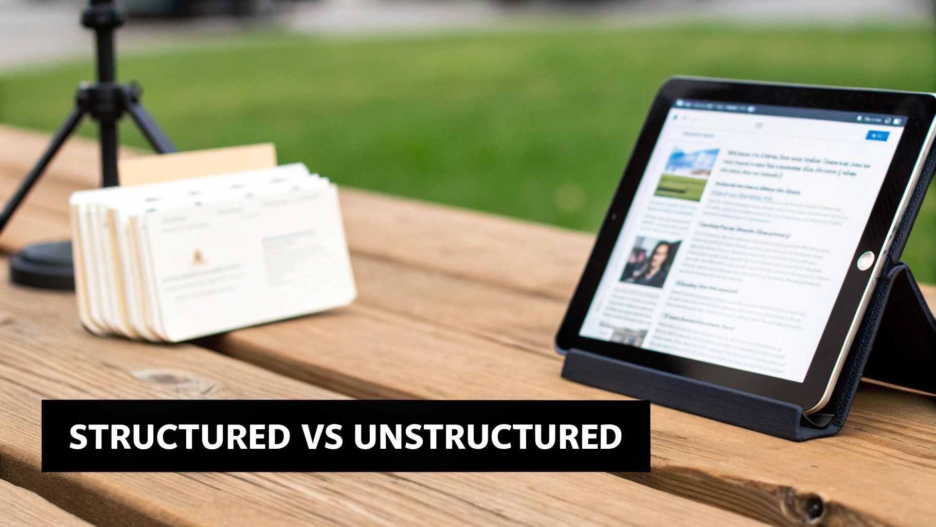 A flowchart graphic showing two paths: one labeled "Structured" leading to directory logos, and another labeled "Unstructured" leading to blog and newspaper icons.