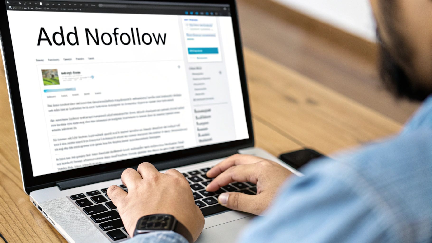 A person is typing on a laptop displaying a webpage with the title 'Add Nofollow'.