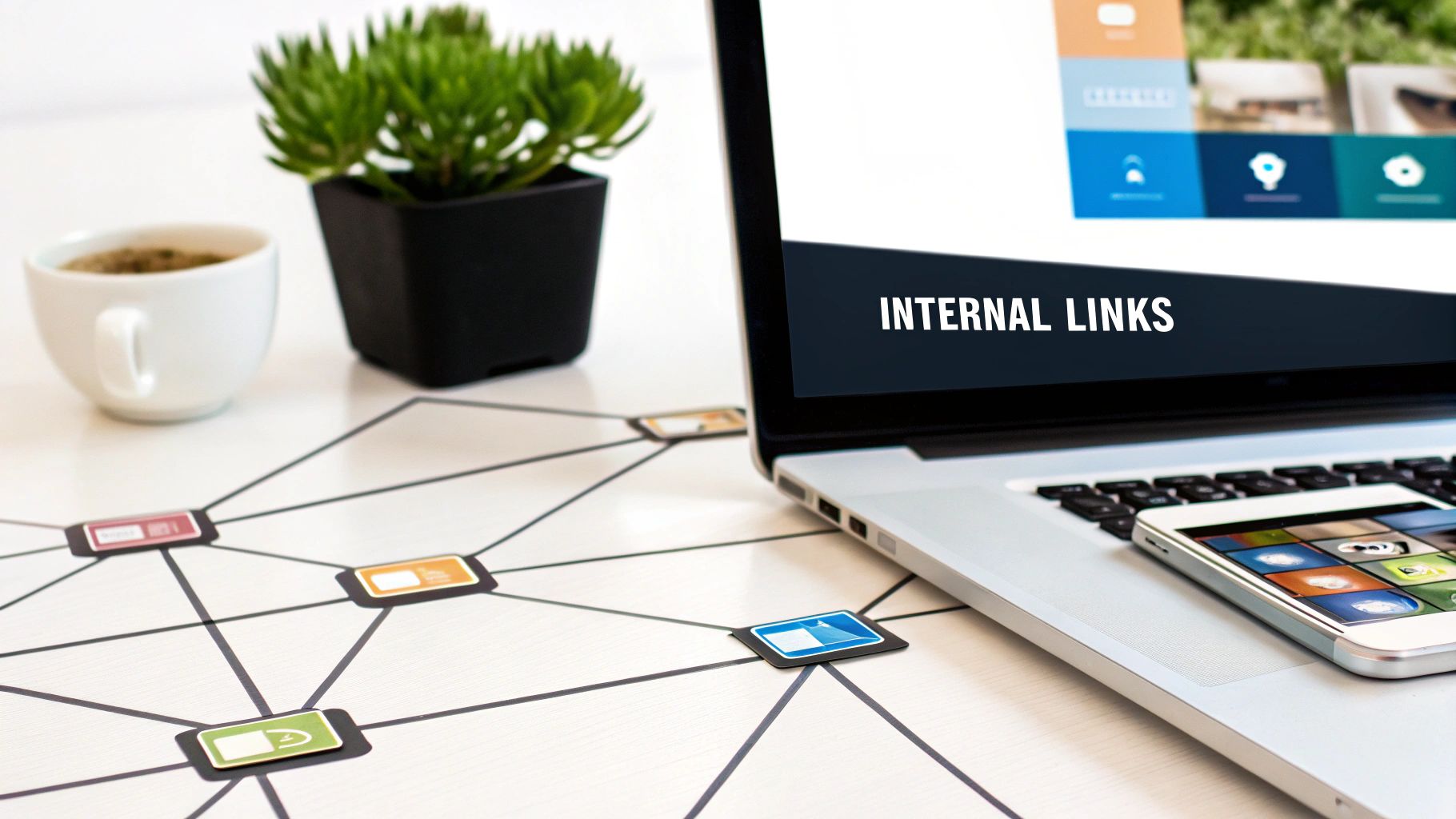 Laptop screen shows 'INTERNAL LINKS', symbolizing a web page linking strategy with connected icons on the desk.