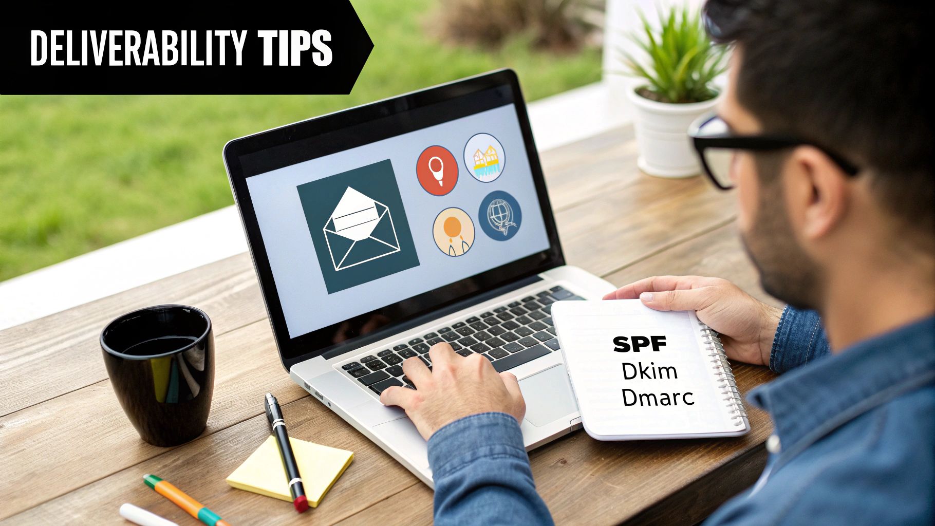 A person works on a laptop outdoors, learning email deliverability tips like SPF, DKIM, and DMARC.