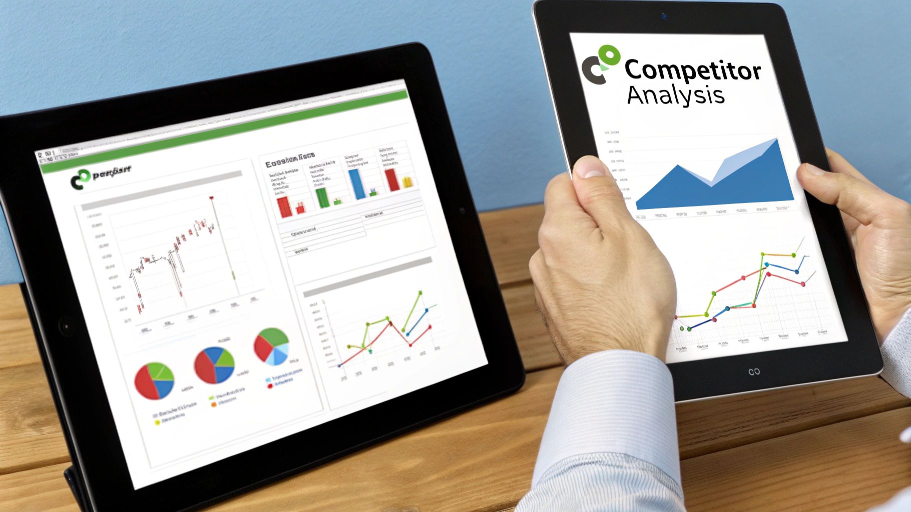 A person at a desk analyzing charts and data on a computer screen, representing competitor backlink analysis.