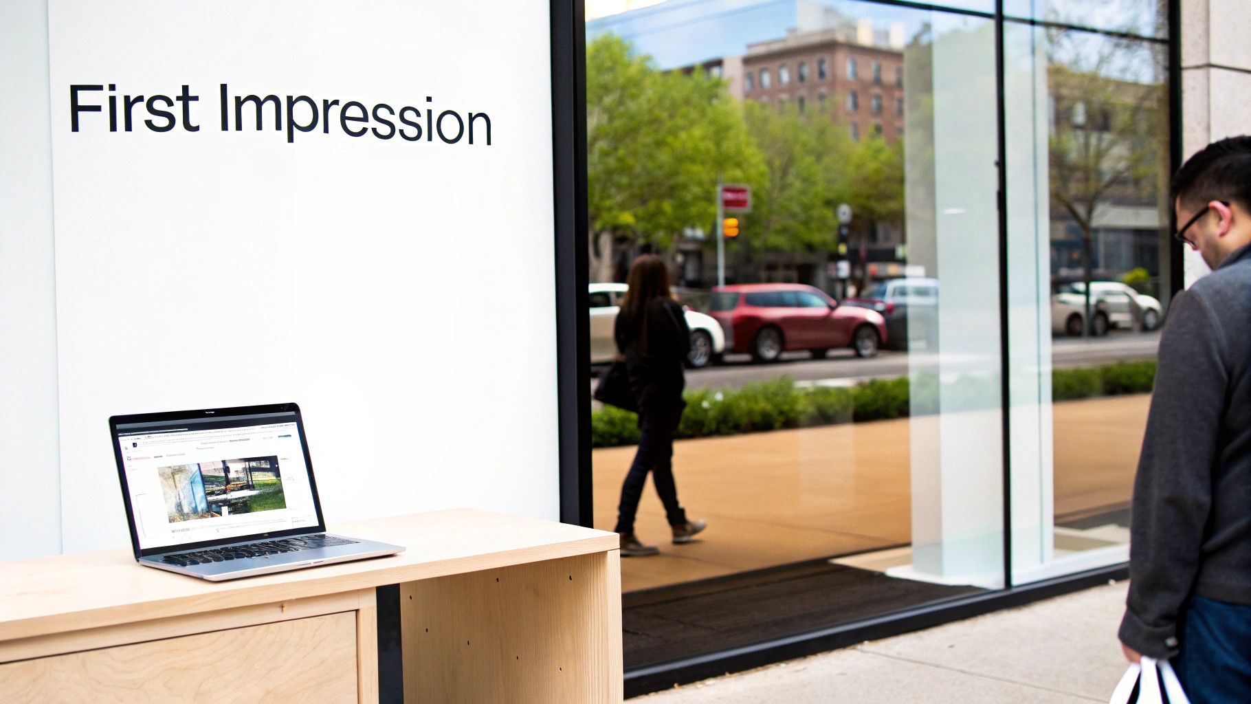 A laptop on a wooden desk with a "First Impression" sign, reflecting a city street with people and cars.