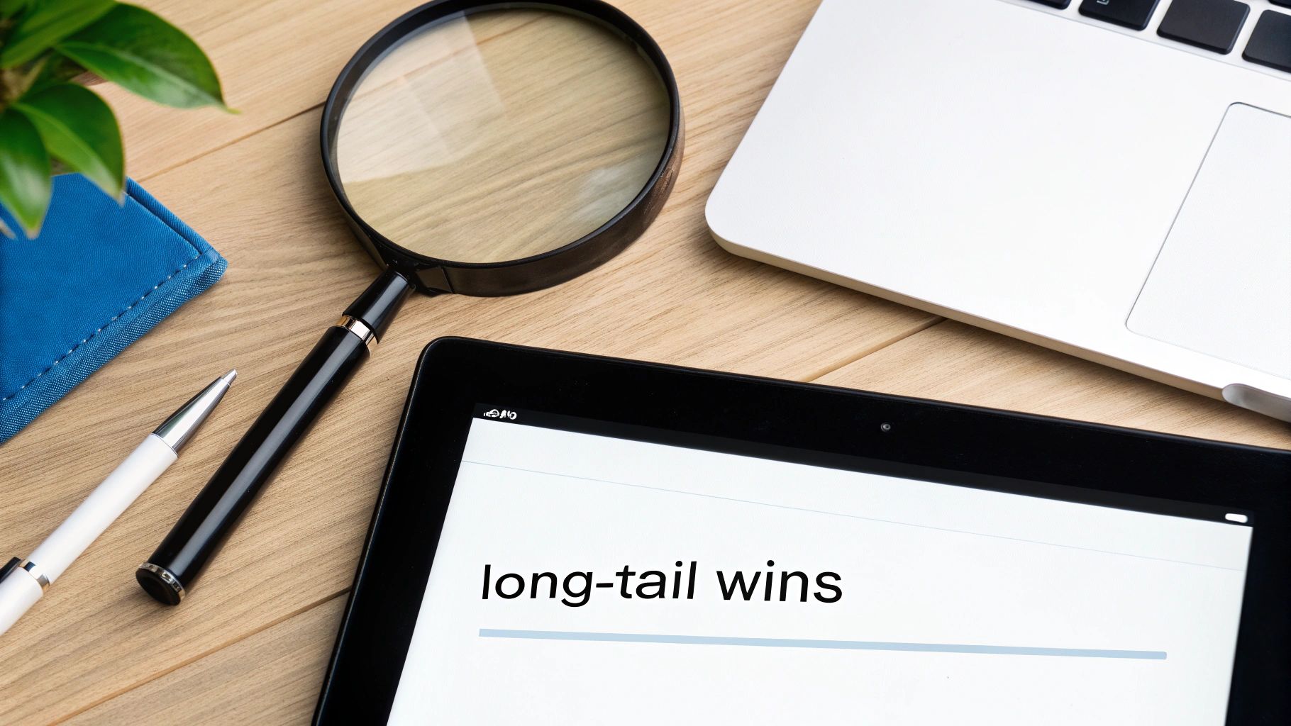 A desk with a laptop, magnifying glass, pens, and a tablet displaying 'long-tail wins' for SEO strategy.