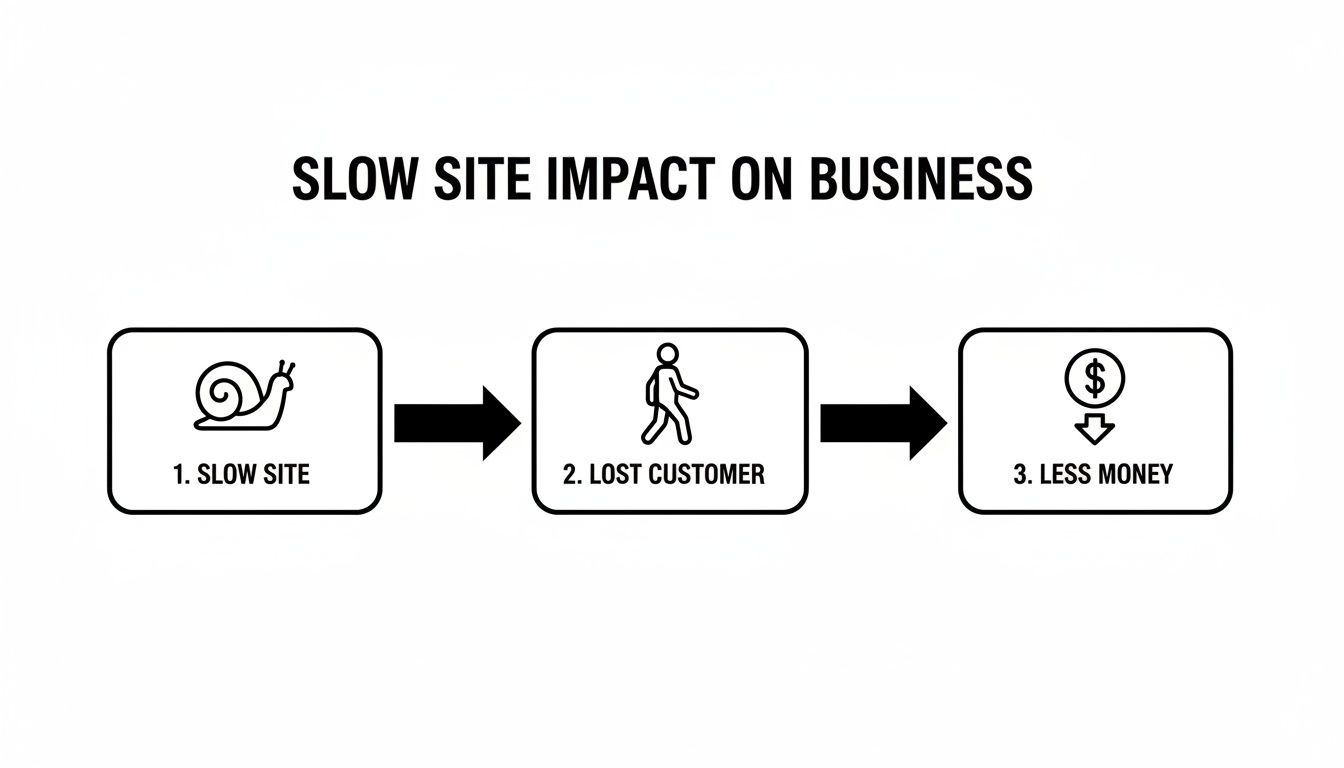 Flowchart illustrating how a slow website leads to lost customers and less business revenue.