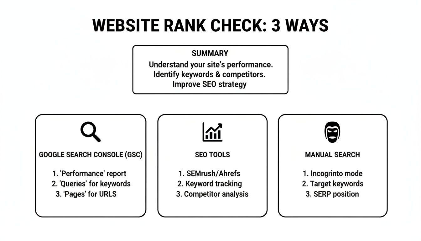 A diagram outlining three methods to check website ranking: Google Search Console, SEO tools, and manual search.