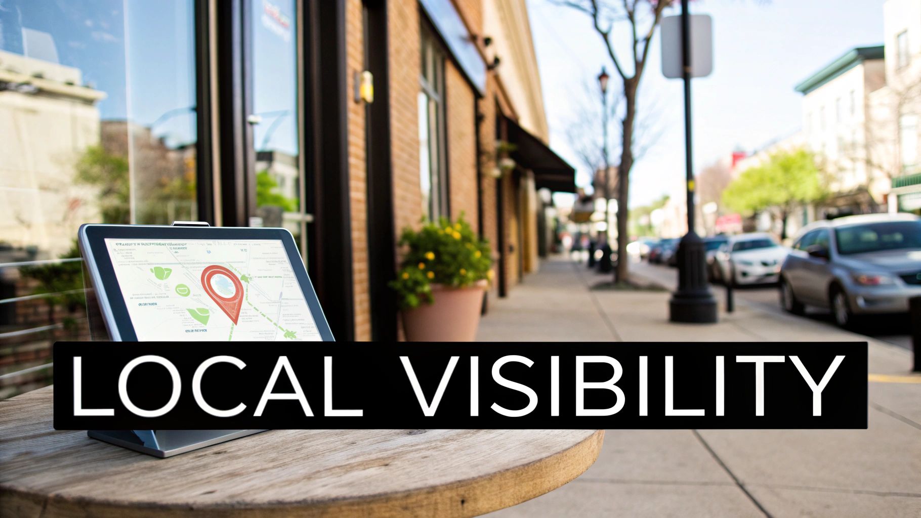Digital tablet showing a map with a red pin, representing local search visibility on a busy street.