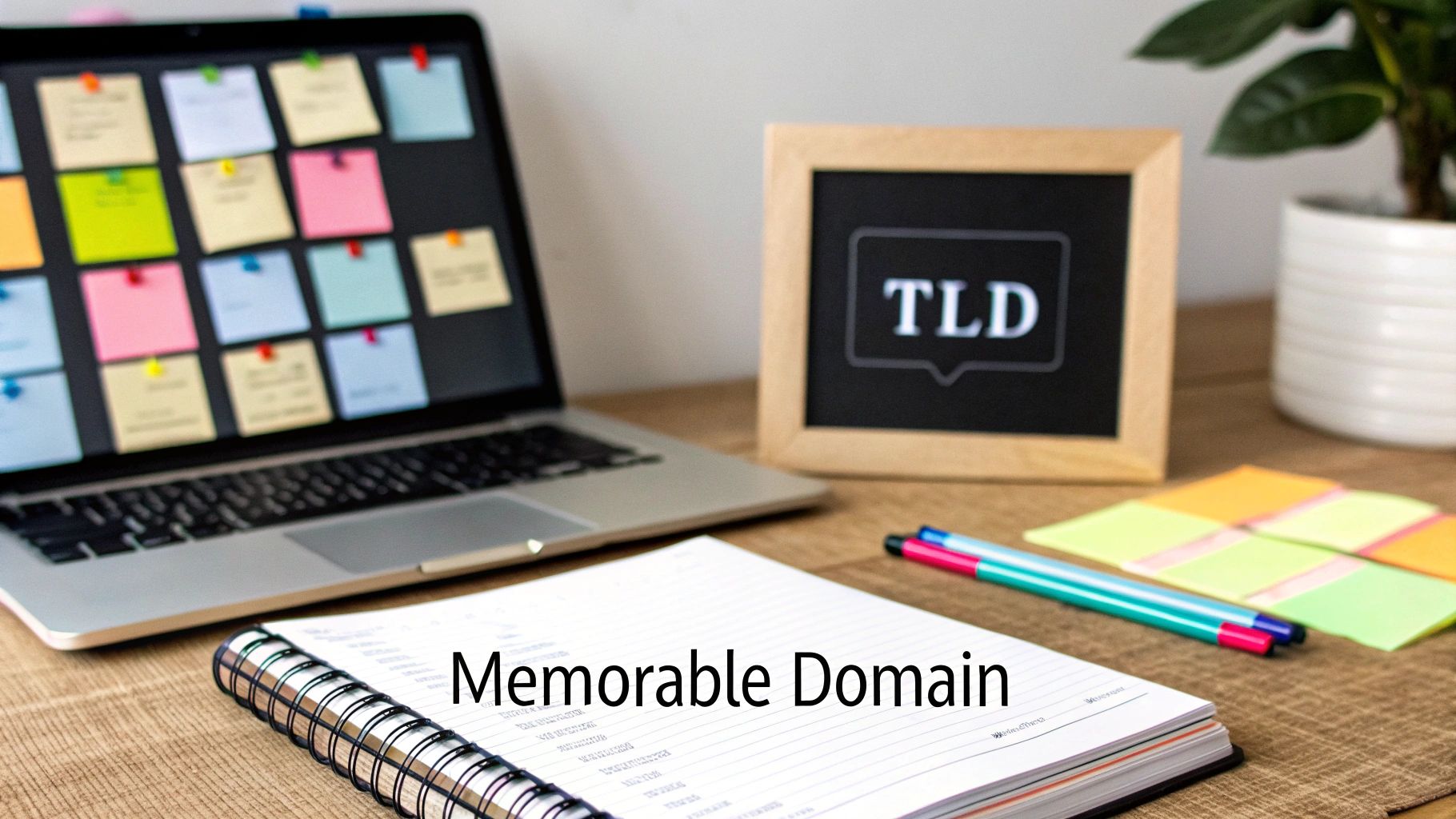 A workspace with a laptop displaying sticky notes, a TLD sign, and a notebook titled 'Memorable Domain'.