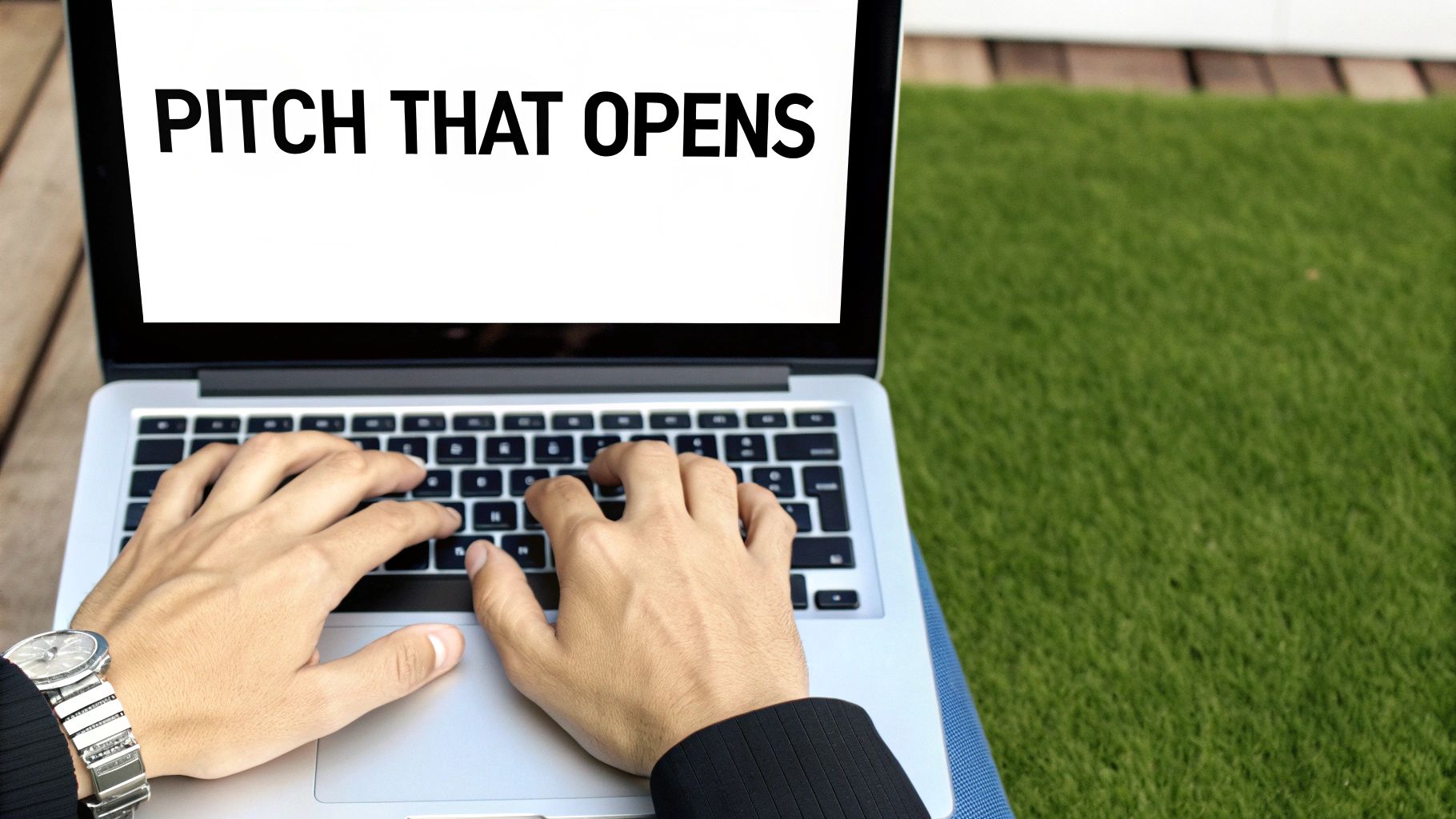 A person typing on a laptop with 'PITCH THAT OPENS' displayed on the screen, outdoors.