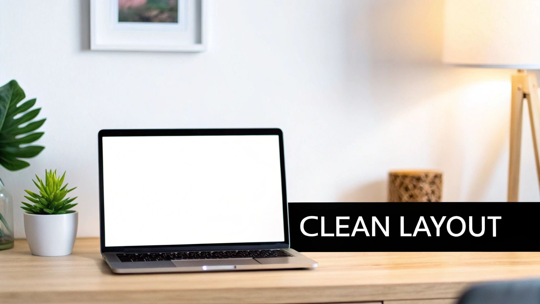 A clean workspace featuring a laptop with a blank screen, a plant, and a modern lamp.