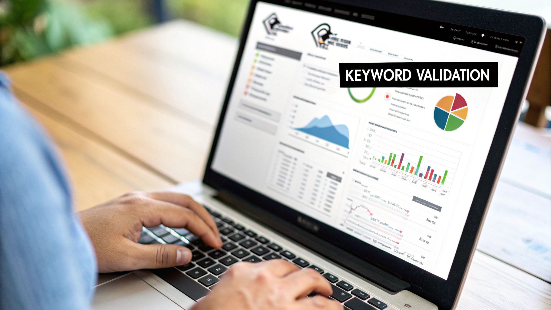 A magnifying glass hovering over a computer screen showing search analytics and keyword data.