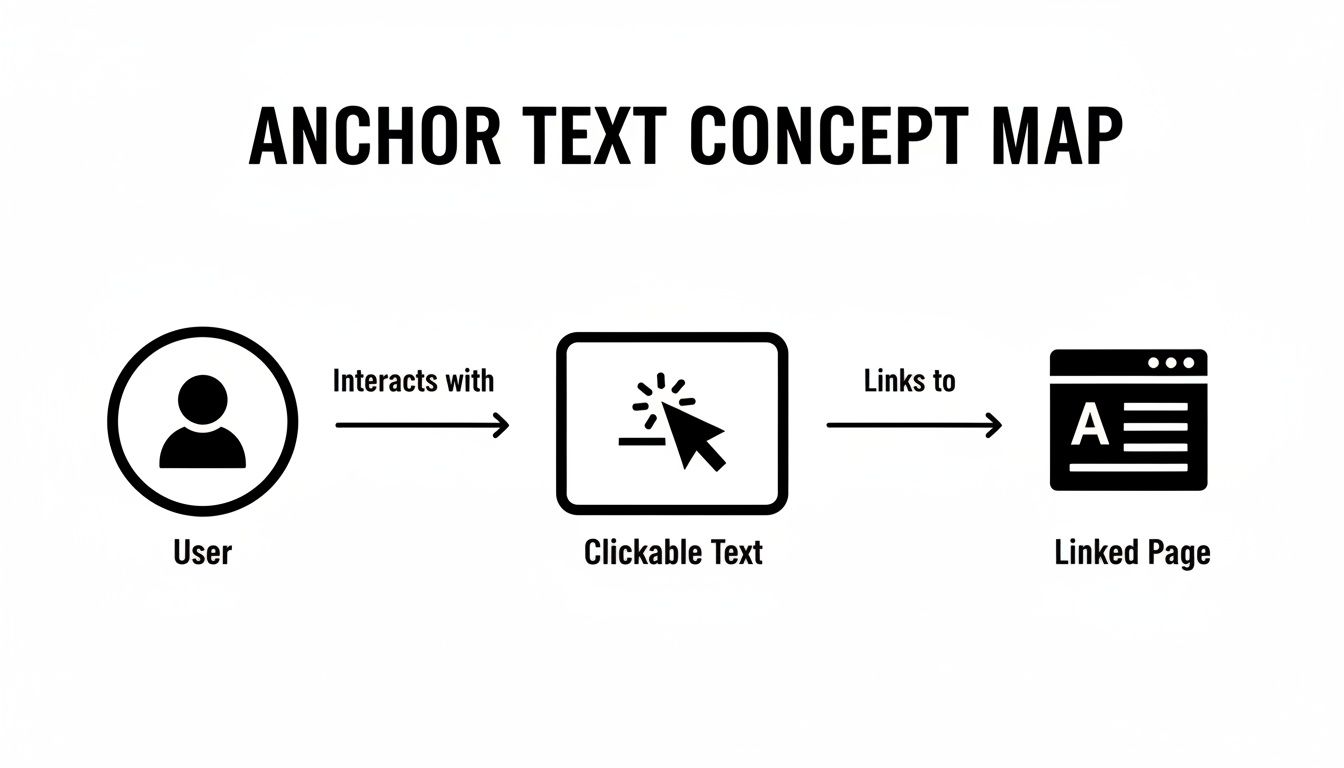 A concept map illustrating the relationship between a user, clickable text (anchor text), and a linked page.
