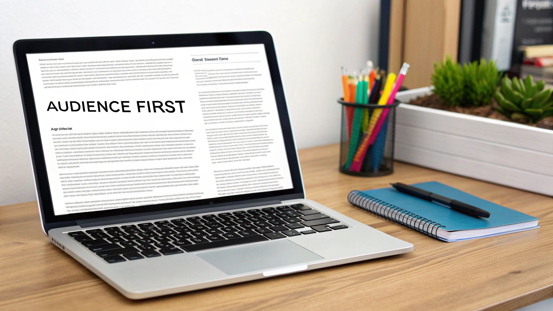 A laptop displays 'AUDIENCE FIRST' text on a wooden desk with a notebook and office supplies.