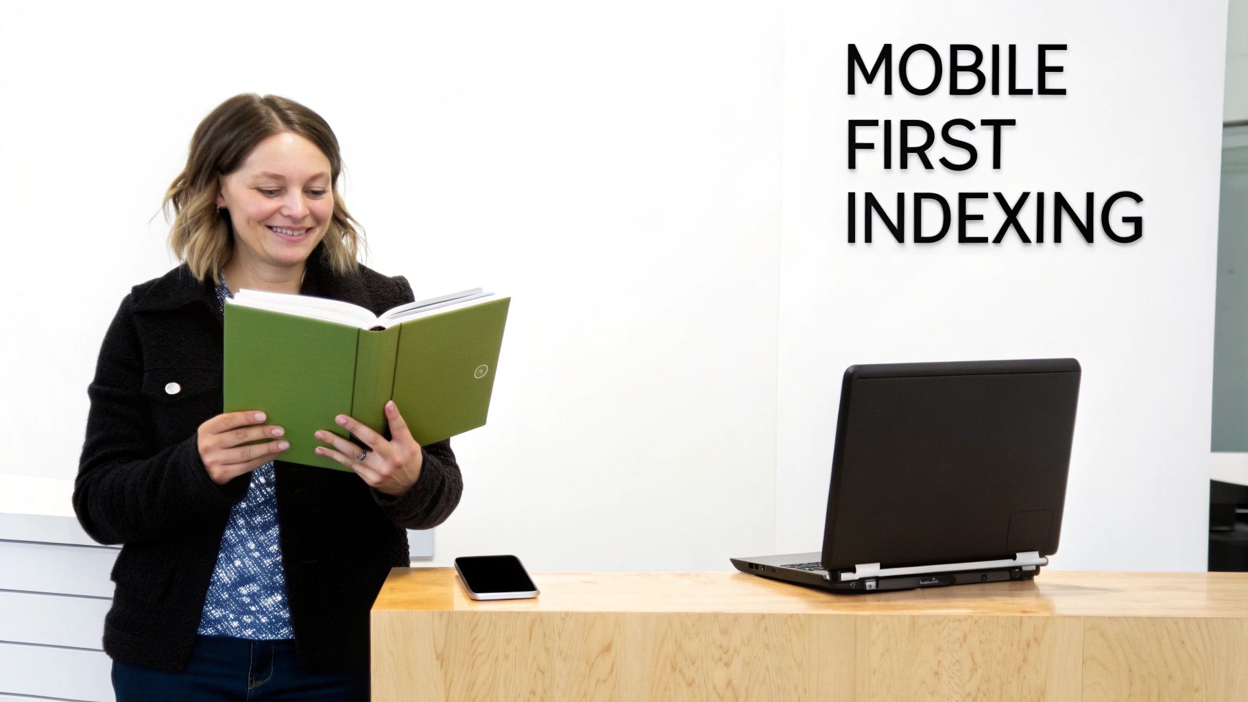 A smiling woman reads a green book next to a laptop and smartphone, with 'MOBILE FIRST INDEXING' text on the wall.