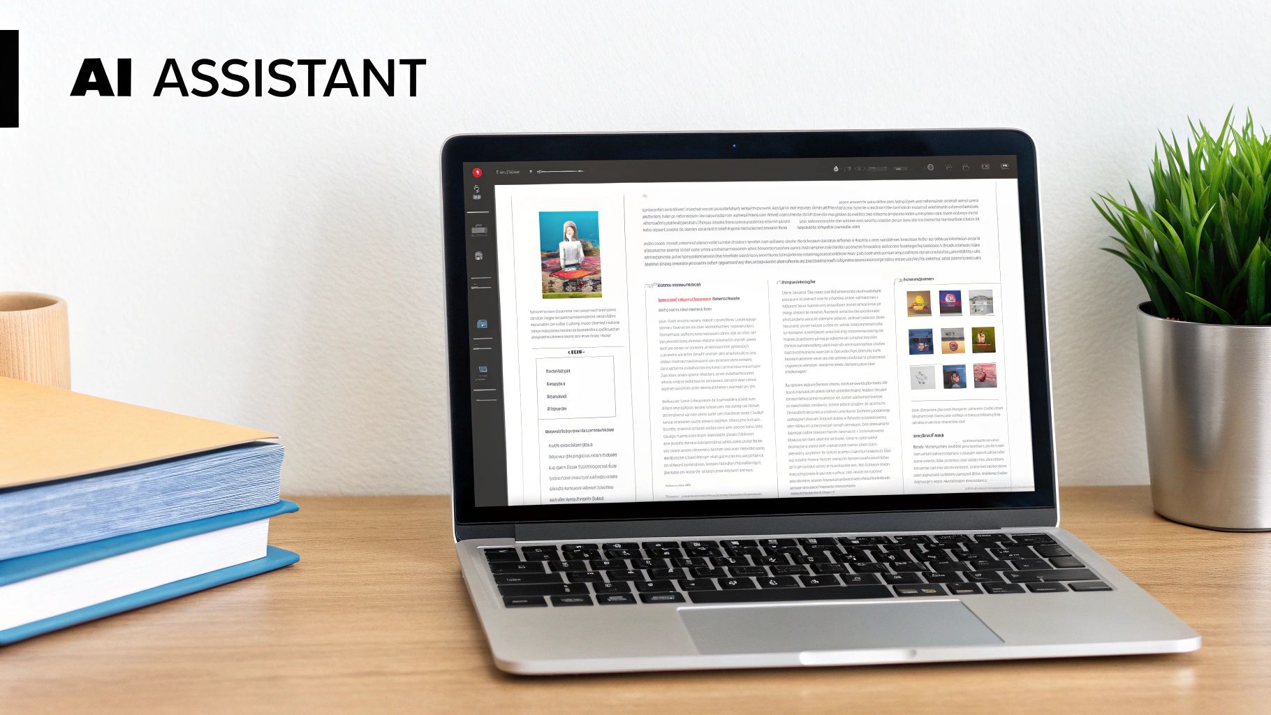 A sleek silver laptop displays a document on a clean wooden desk with books and a plant, and 'AI ASSISTANT' on the wall.