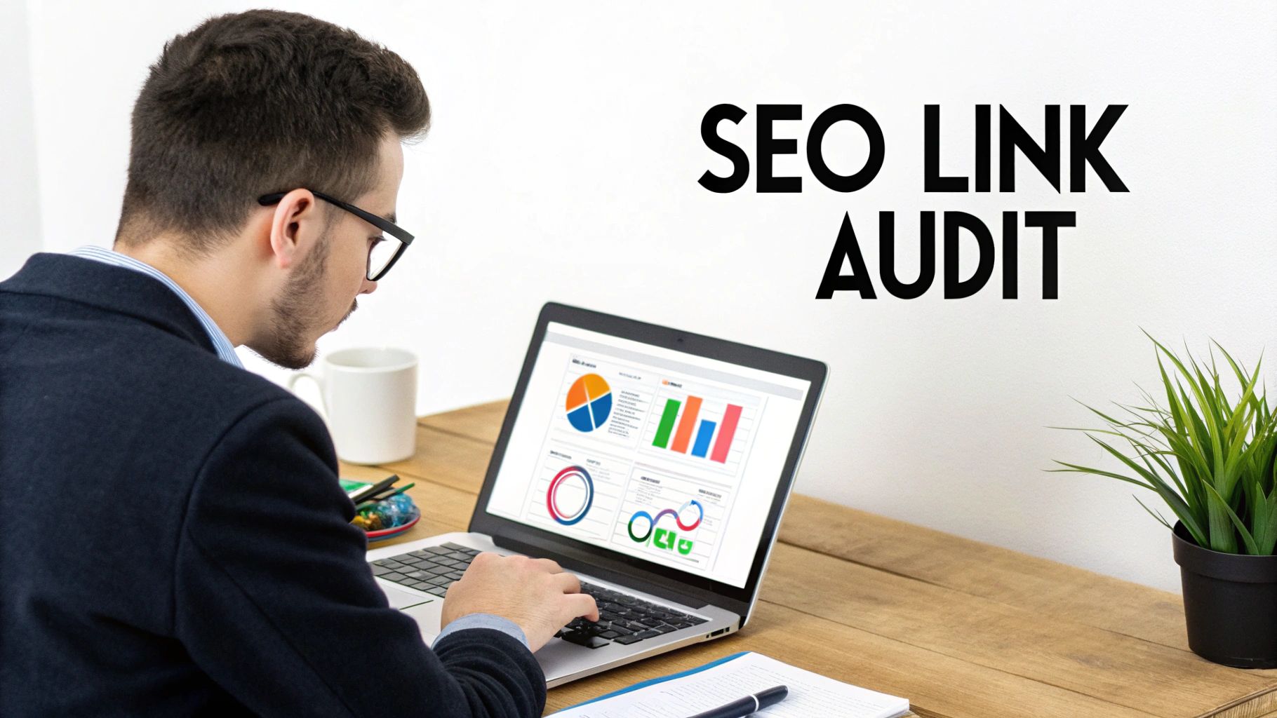 Man wearing glasses reviewing charts and graphs on a laptop, with 'SEO LINK AUDIT' text.