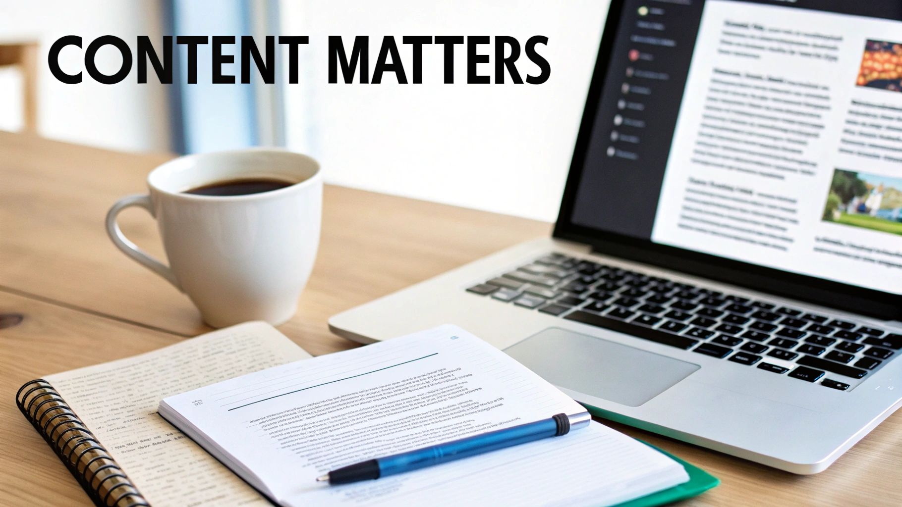A professional workspace featuring a laptop, coffee, notebooks, and a pen, with the message 'CONTENT MATTERS'.