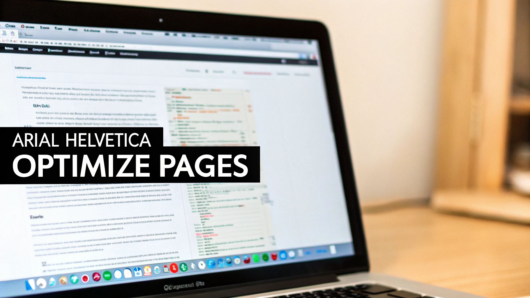 A laptop screen displaying a web page with text 'ARIAL HELVETICA OPTIMIZE PAGES' overlayed.
