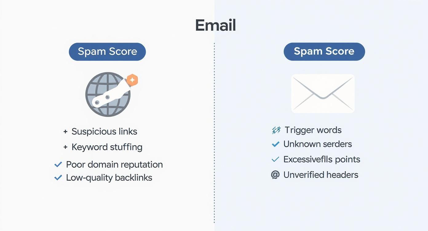 An image detailing factors contributing to email spam score, including suspicious links and trigger words.