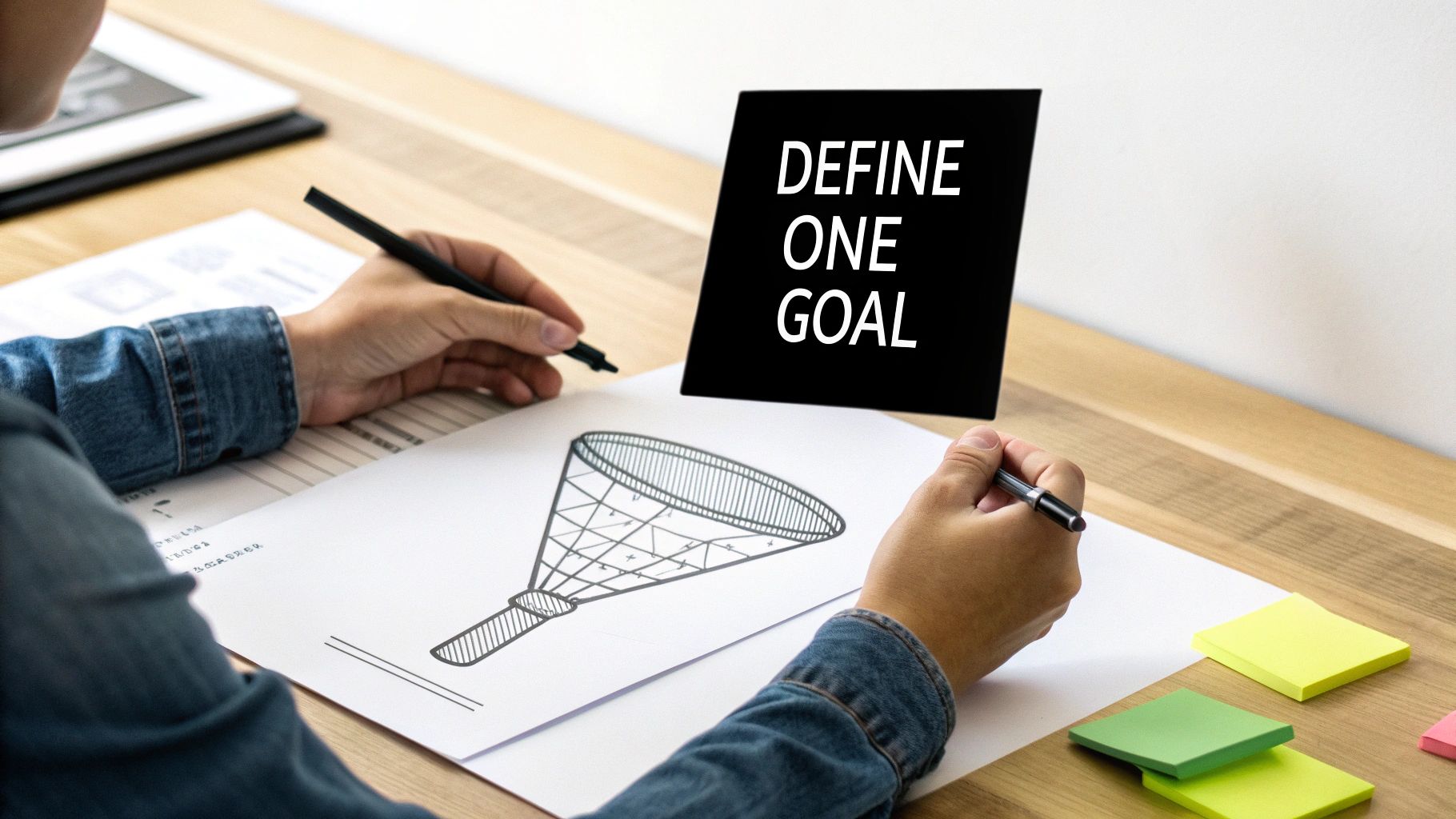 A person drawing a sales funnel diagram on paper, with a black sign displaying 'DEFINE ONE GOAL'.