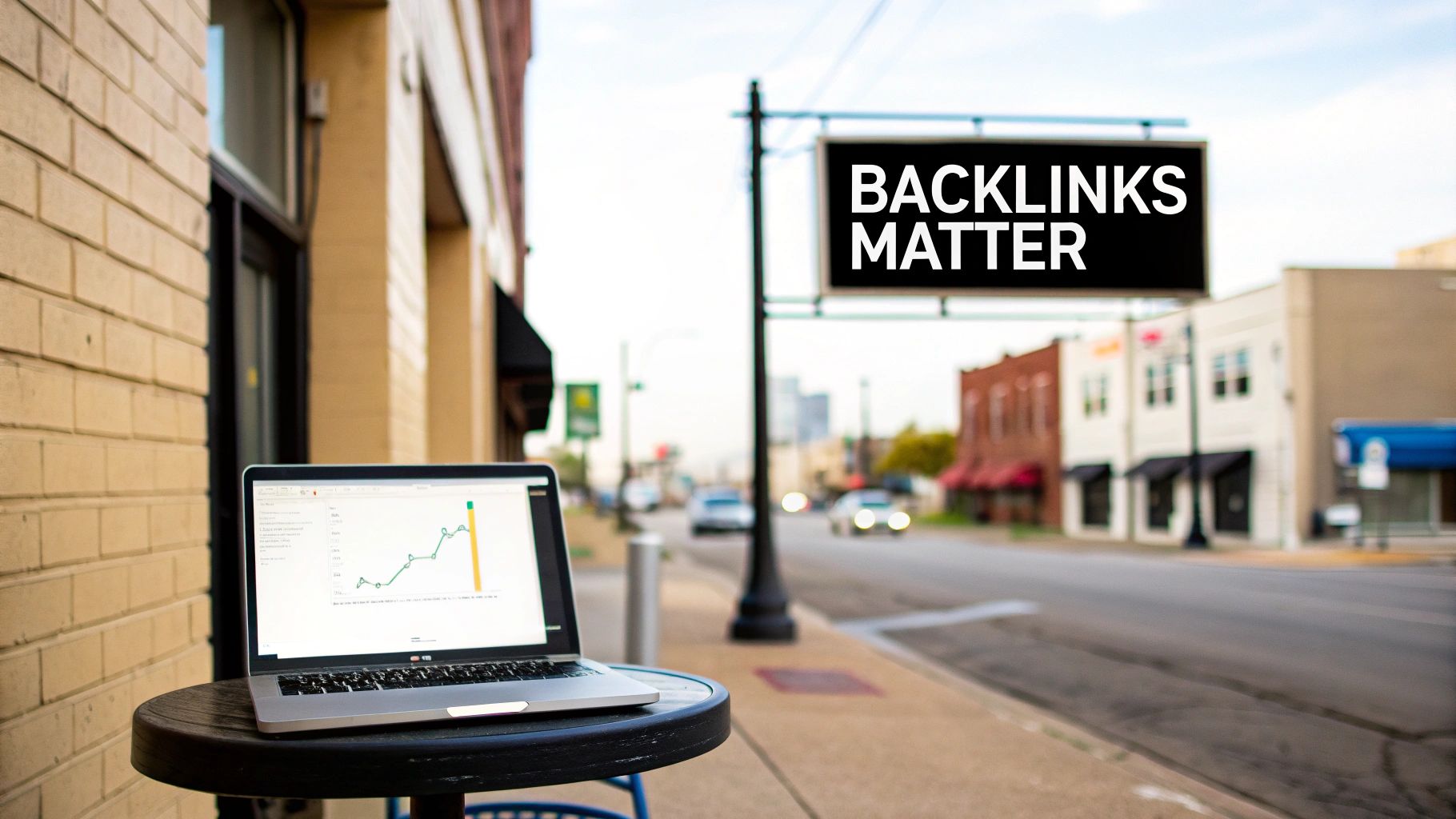 Laptop displaying analytics on a street table, with a "BACKLINKS MATTER" sign in the background.