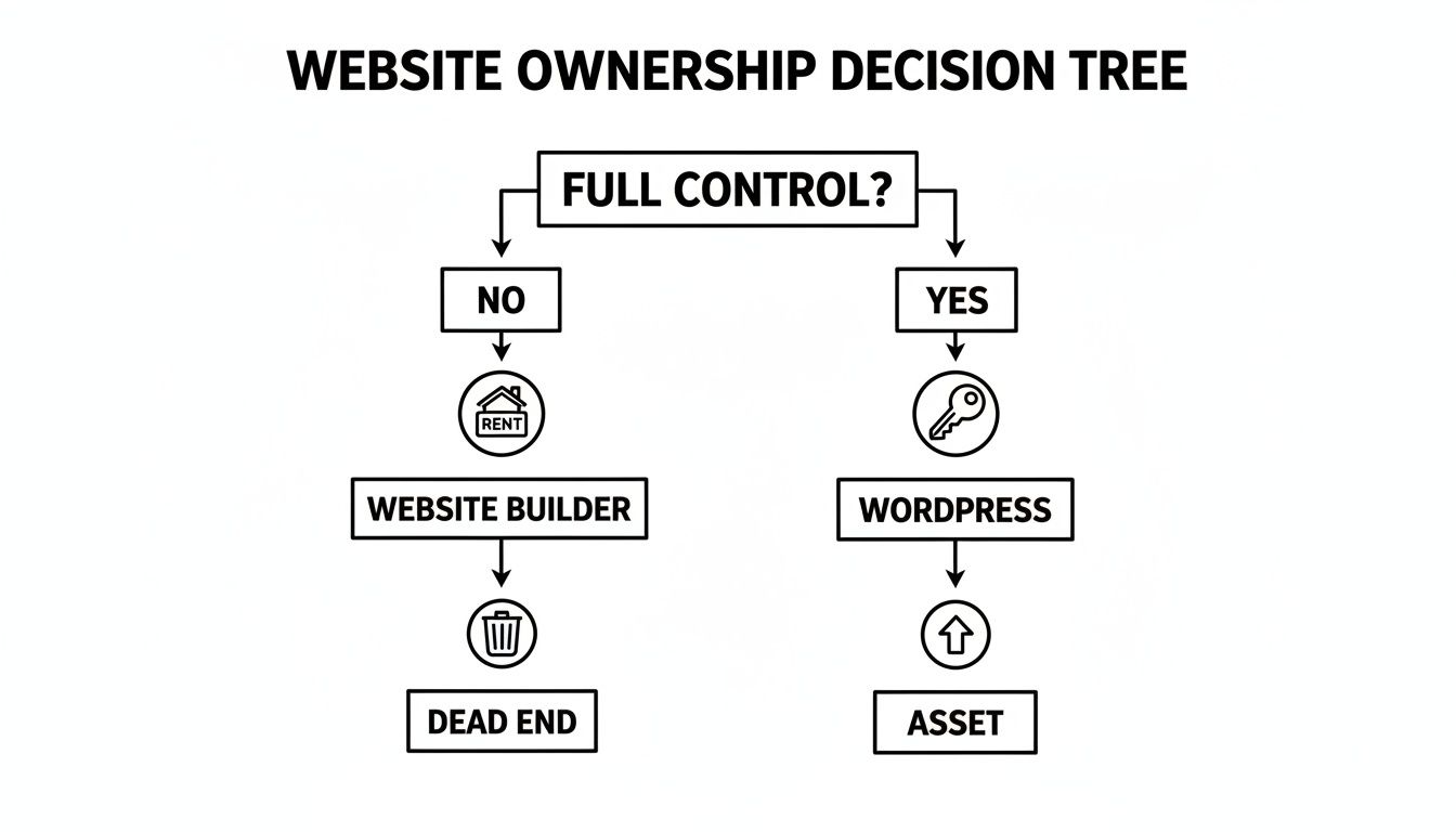 A decision tree diagram comparing website ownership, showing Website Builder as a dead end and WordPress as an asset.