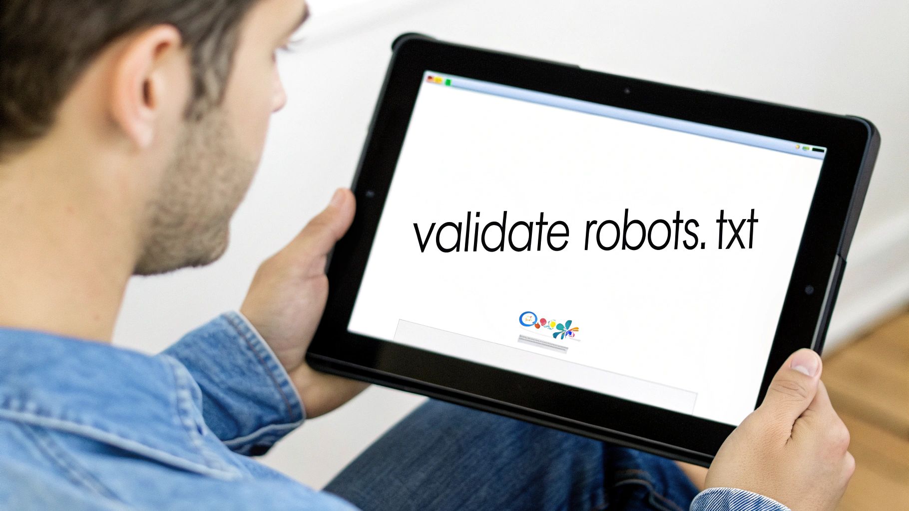 A man holds a tablet displaying a search for 'validate robots.txt' on a white screen.