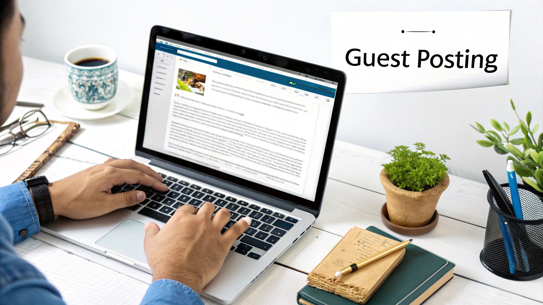 A person types on a laptop, working on a guest post, with a 'Guest Posting' note visible.