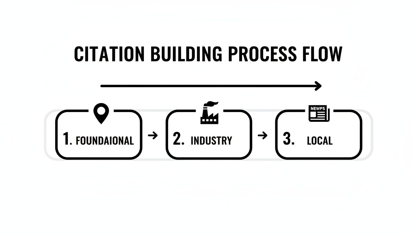Flowchart illustrating the three-step citation building process: Foundational, Industry, and Local stages.