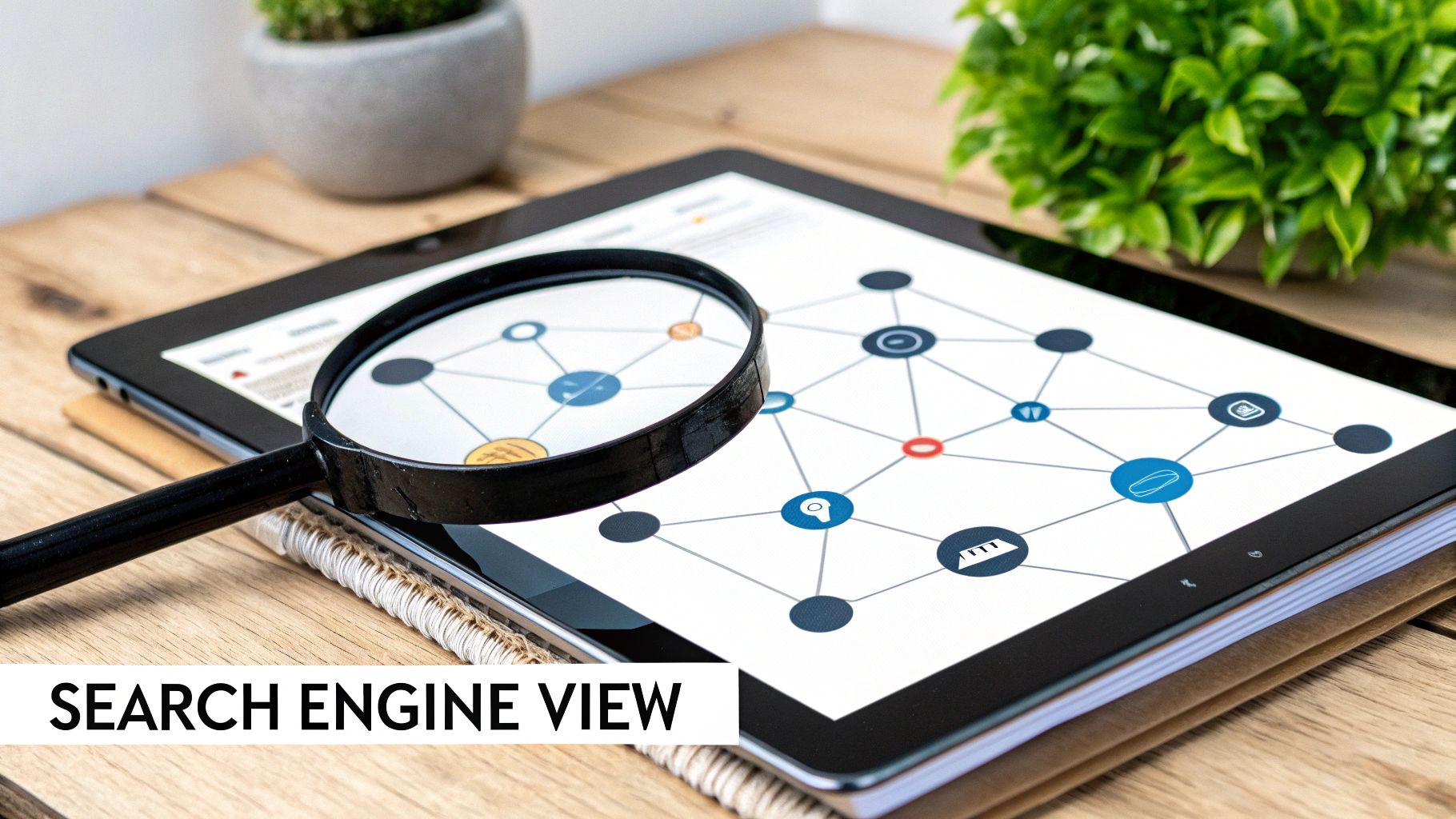 A magnifying glass hovering over interconnected digital nodes, symbolizing a search engine's scrutiny of link networks.
