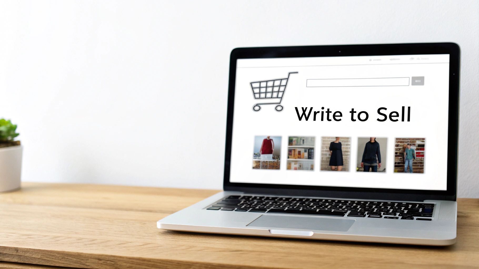 A laptop on a wooden desk displaying an e-commerce page with a shopping cart and 'Write to Sell' text.