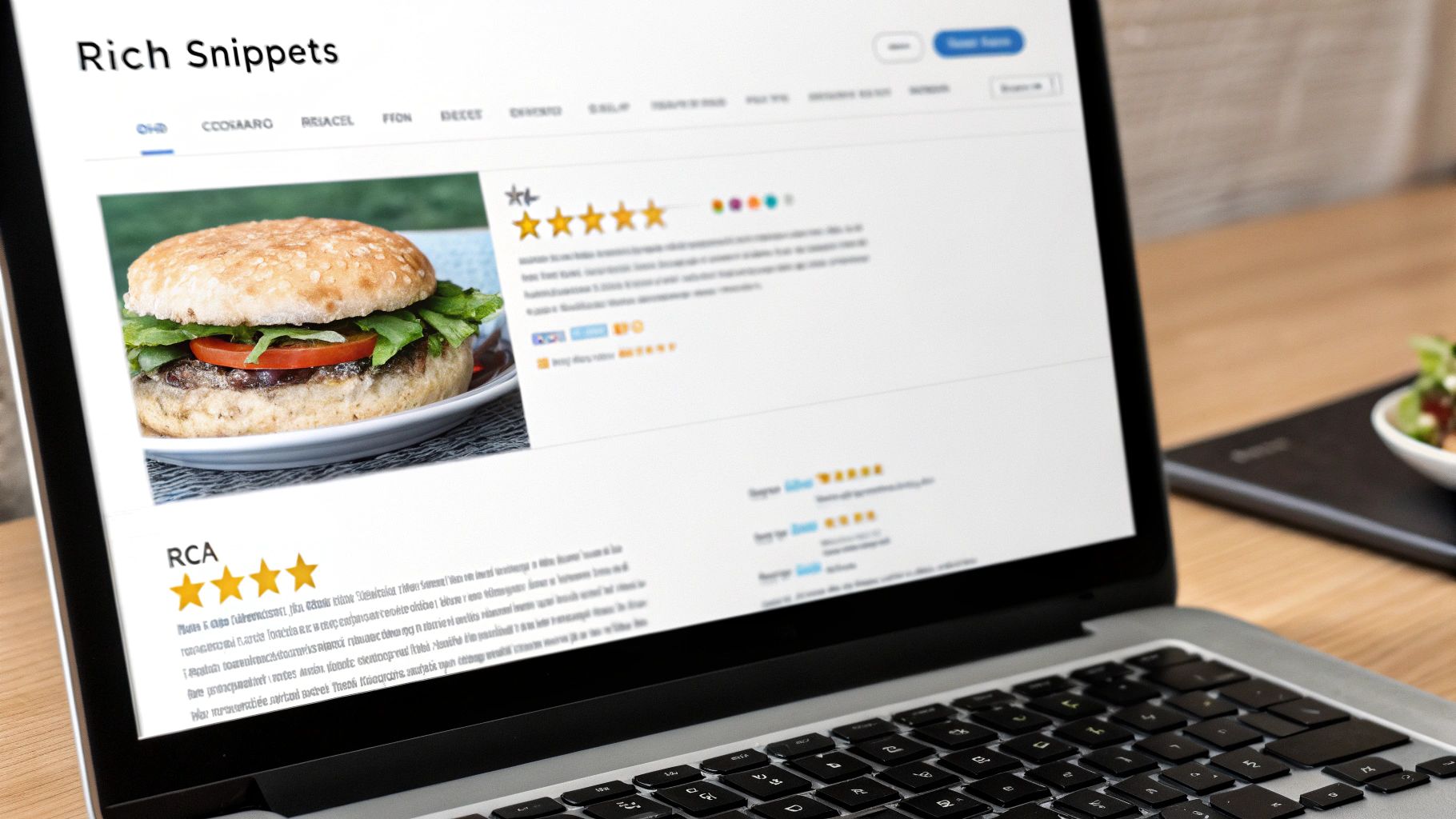 A laptop screen displays a webpage titled 'Rich Snippets,' showing a hamburger image with 5-star ratings.