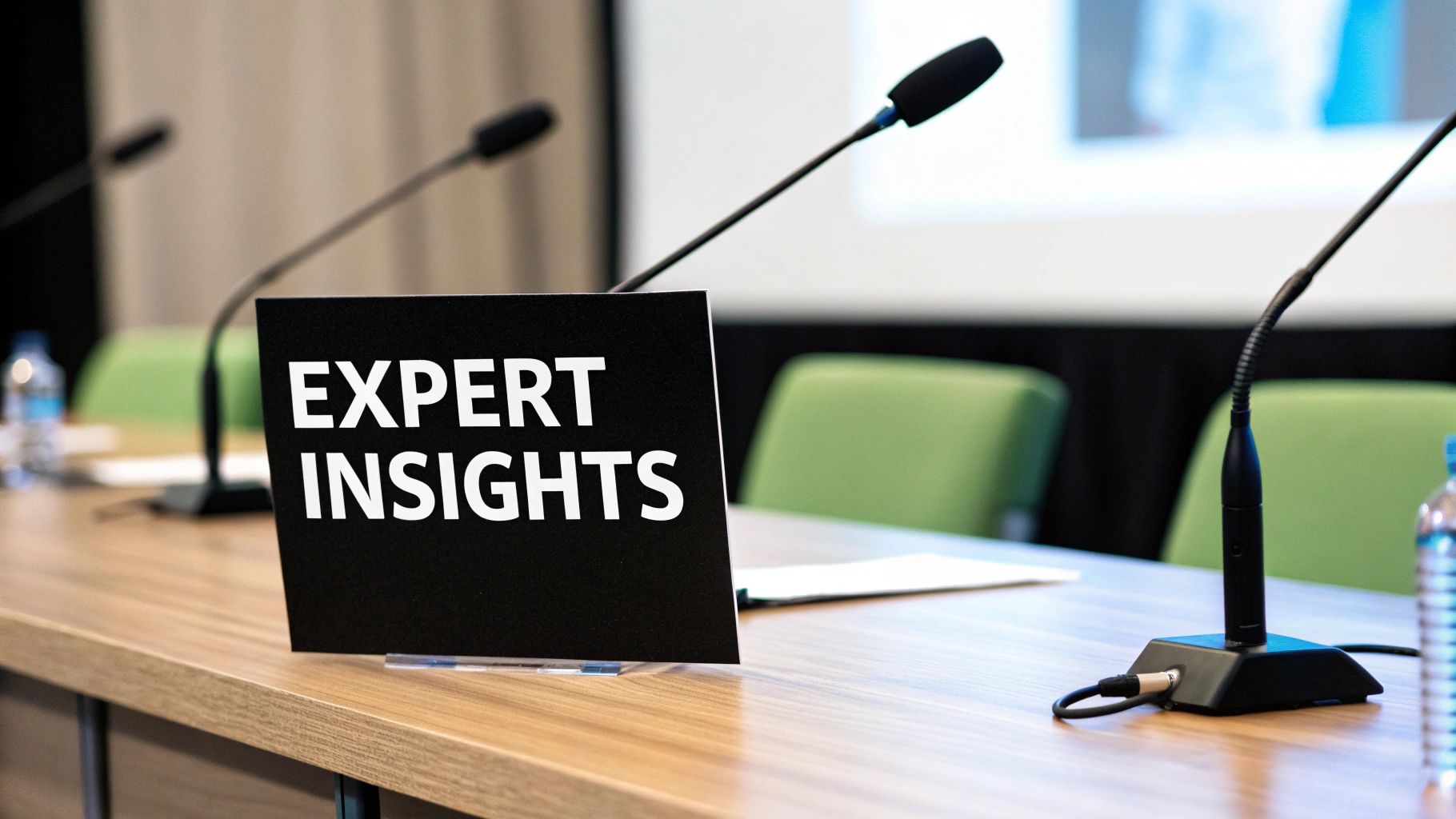 A close-up of a conference table with microphones and an 'EXPERT INSIGHTS' sign.
