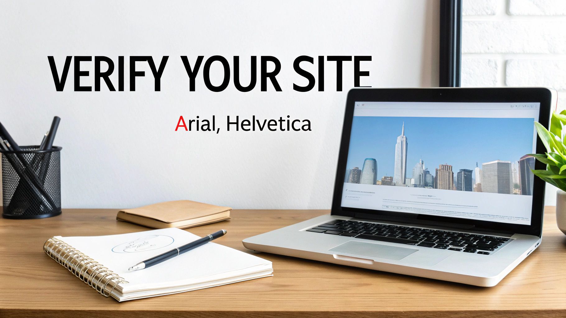 A desk with a laptop showing a city skyline, a notepad, pen, and text 'VERIFY YOUR SITE' and 'Arial, Helvetica'.