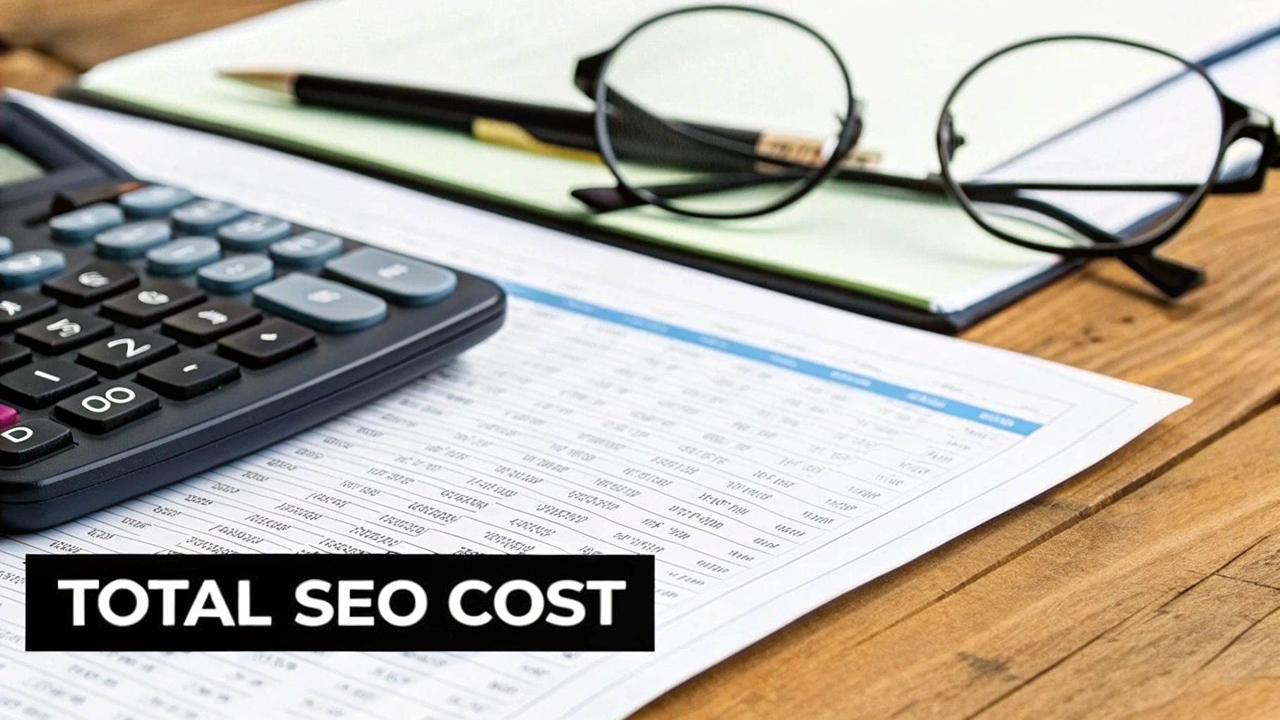 A calculator, glasses, pen, and a document with numbers on a wooden table, featuring 'TOTAL SEO COST'.