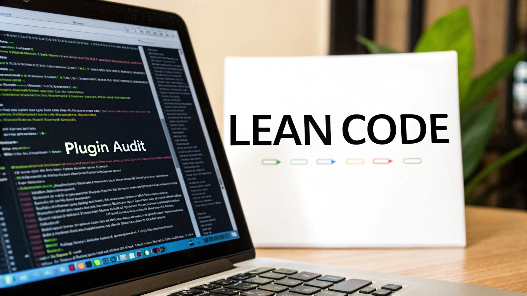 A laptop displaying 'Plugin Audit' code, with a white binder saying 'LEAN CODE' in the background.