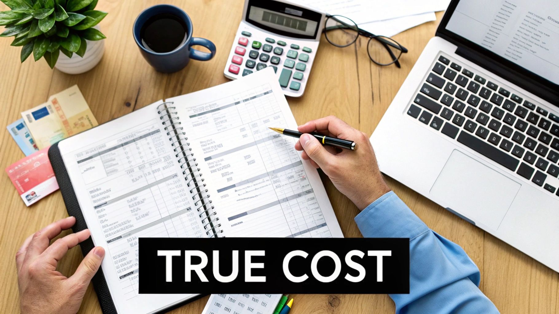 Person calculating true costs, budgeting finances on a desk with laptop, calculator, and money.