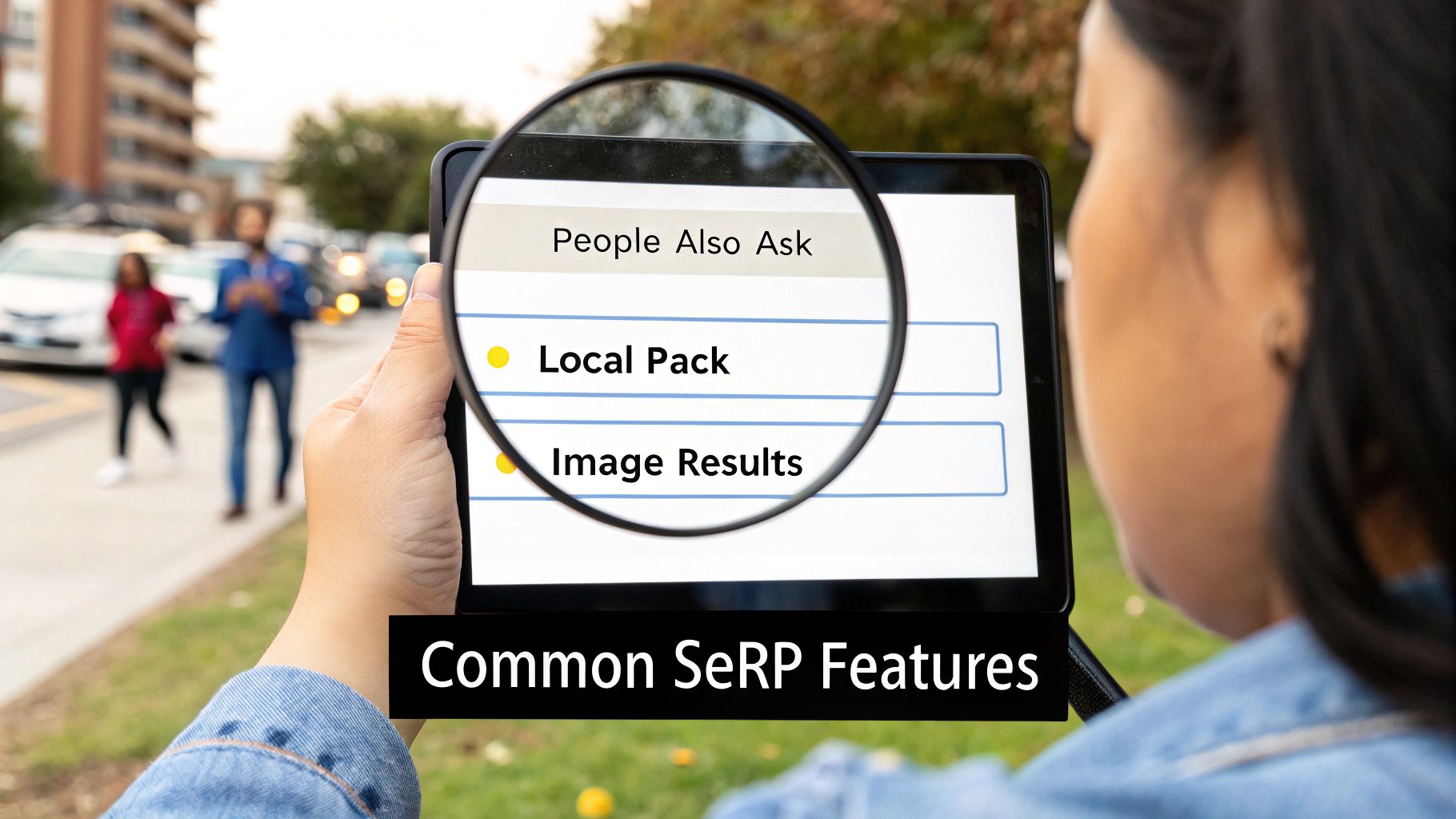A person holding a tablet with a magnifying glass highlighting 'People Also Ask', 'Local Pack', and 'Image Results' as common SERP features.