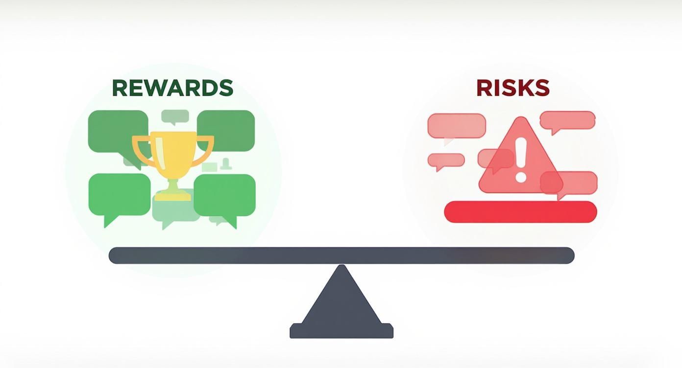 Infographic showing a side-by-side comparison of the rewards (trophy icon, green) and risks (warning sign icon, red) of reciprocal linking.