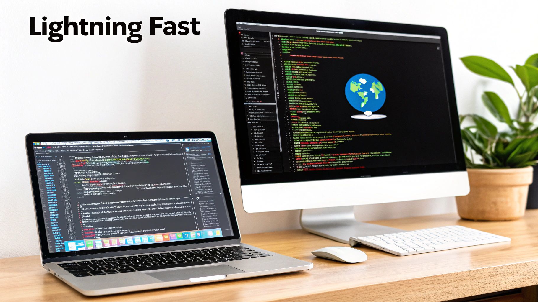 A laptop and a desktop monitor display lines of code with a 'Lightning Fast' overlay, emphasizing speed.