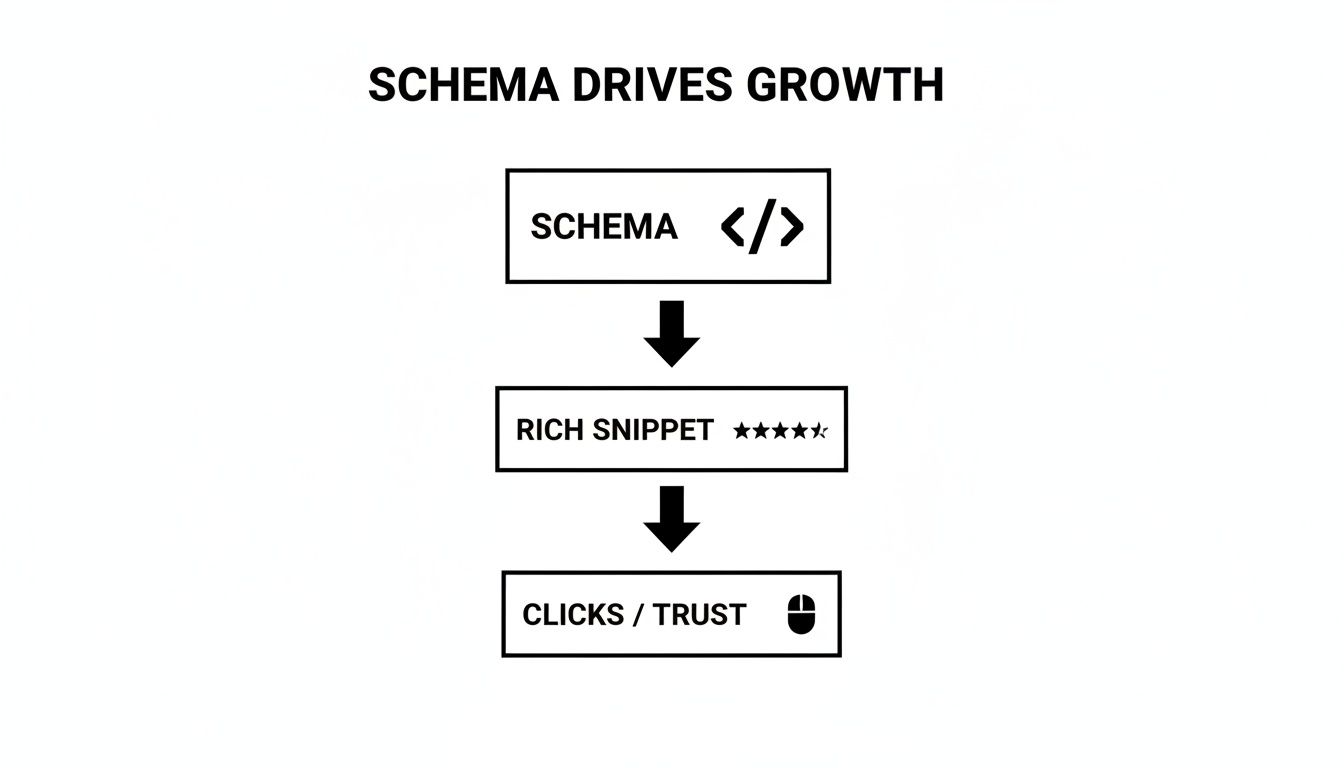 Flowchart detailing how schema markup leads to rich snippets, boosting clicks and user trust for growth.