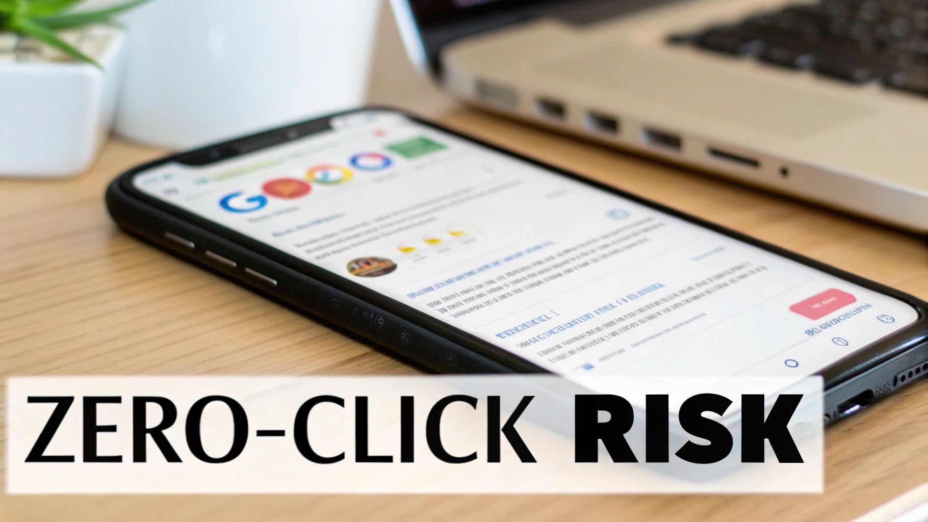 A smartphone displaying a Google search page on a wooden desk, with a laptop and plant in the background, overlaid with 'ZERO-CLICK RISK'.